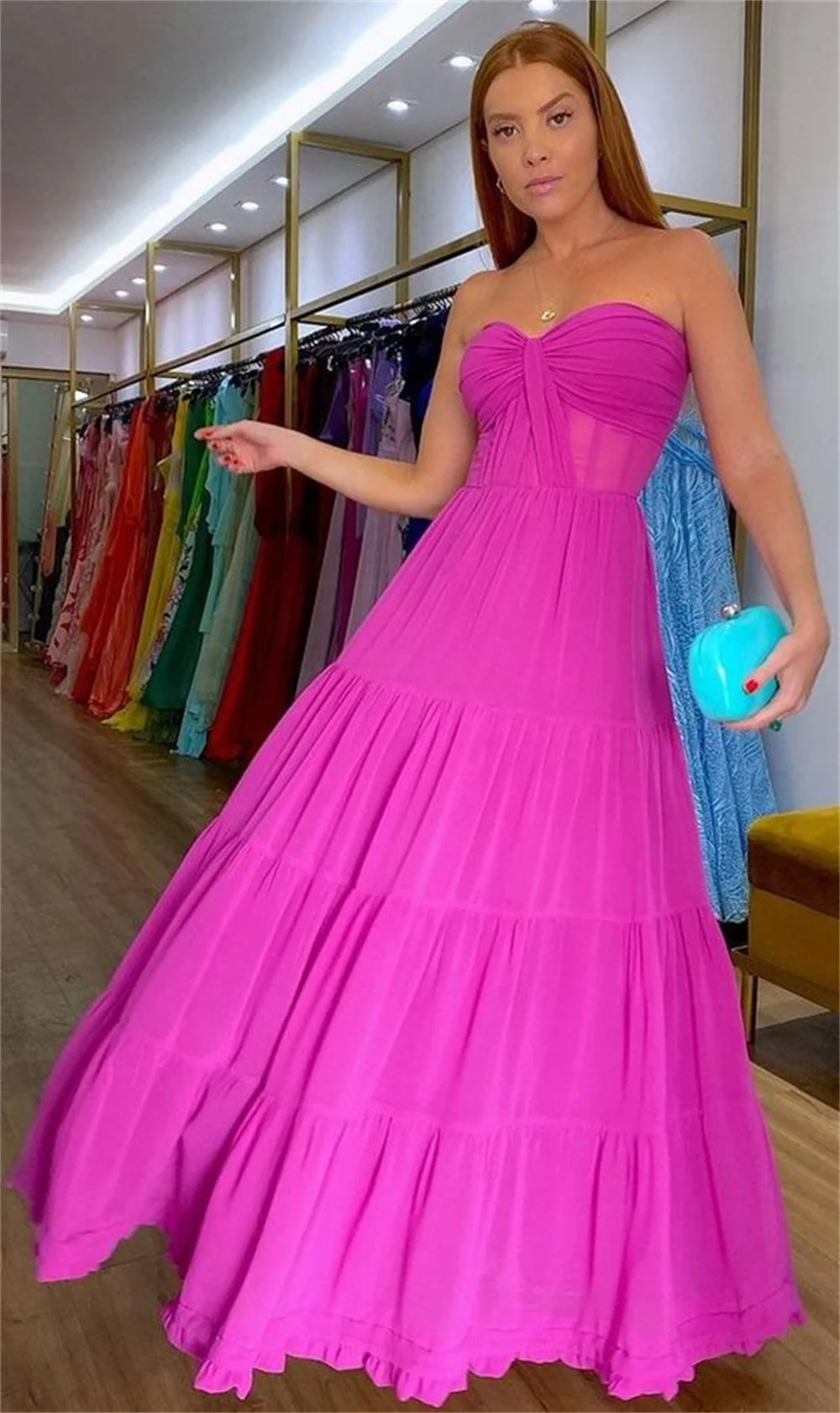 Sansa Pink Strapless A-line فساتين السهرة Sexy Sleeveless Prom Dress Multilayer Vestidos De Noche Elegant Sweetheart Party Dress