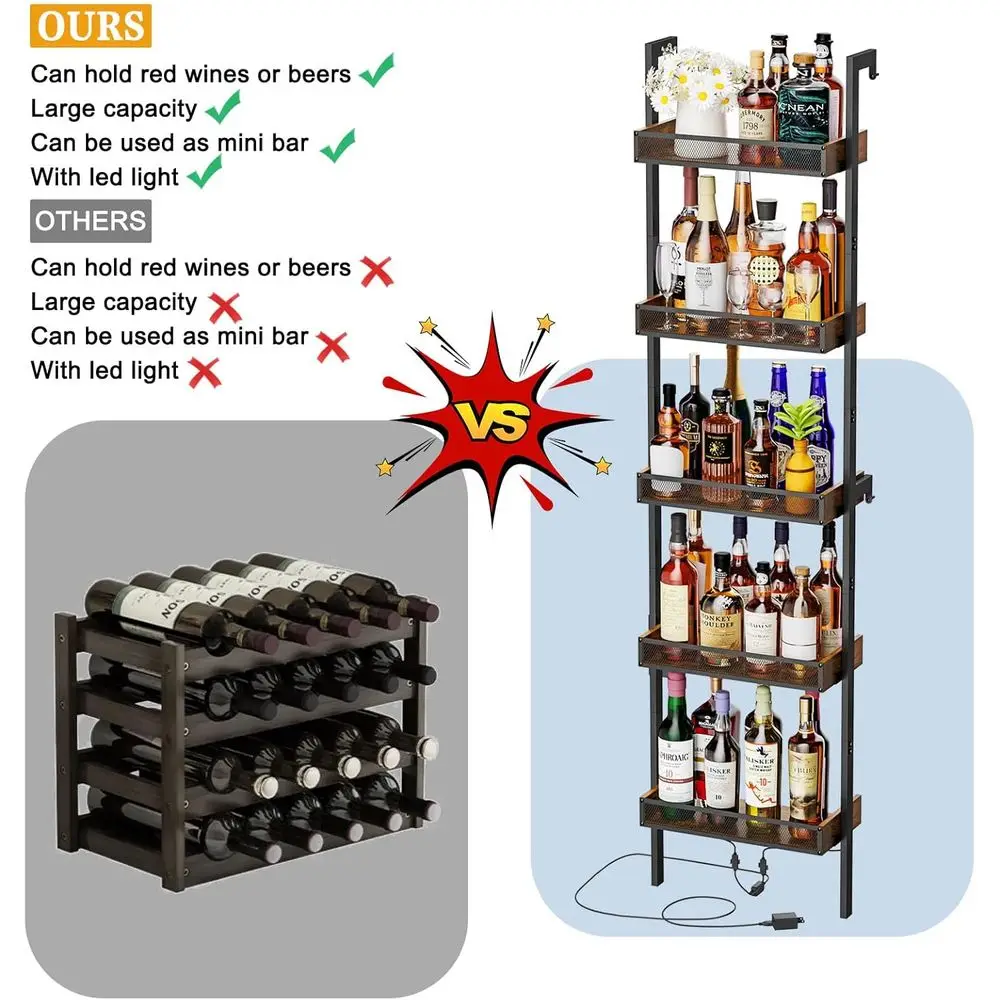 Wine Rack de pared para 50 botellas con vallas, luces LED, ideal para cocina, comedor y bar, 17,28 L x 7,95 L x 68,5 H