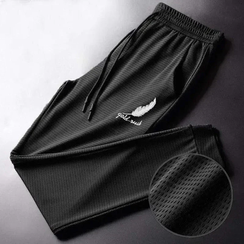 Men's Hollow Out Ice Silk Pants Mesh Breathable Casual Thin Quick Dry Pant Loose Elastic Beam Feet Pants Sports Fitness Trousers - Image 3
