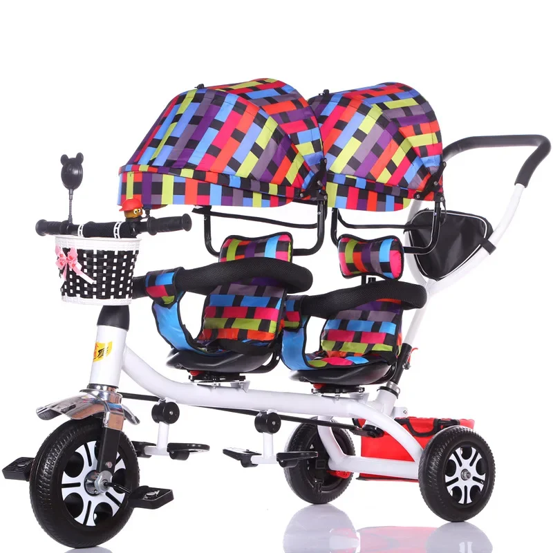 Twin Tricycle for Children, Double Baby Trike, Baby Stroller, 3 Wheel Bicycle, Kids Tricycle