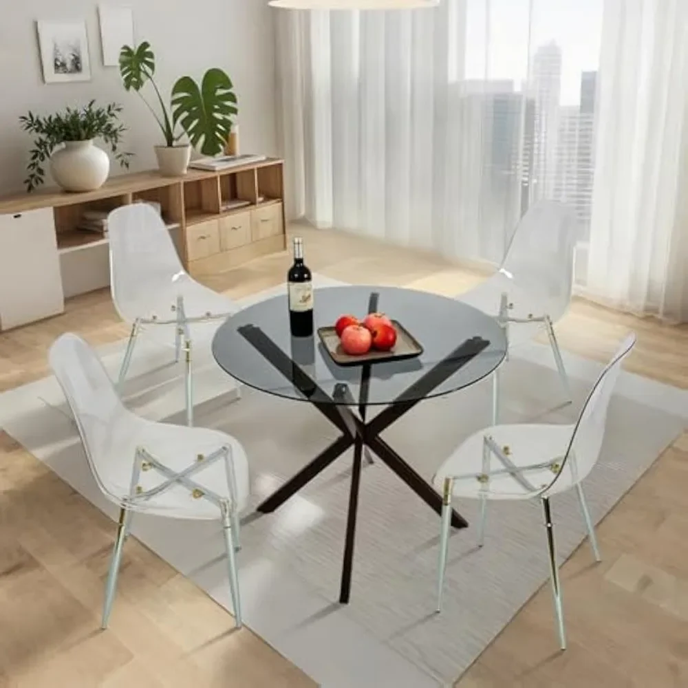 Stijlvolle ronde glazen eettafelset voor 4 personen - grijze tafel en 4 heldere stoelen voor eetkamer, koffieshop en kleine ruimtes, 2-pack