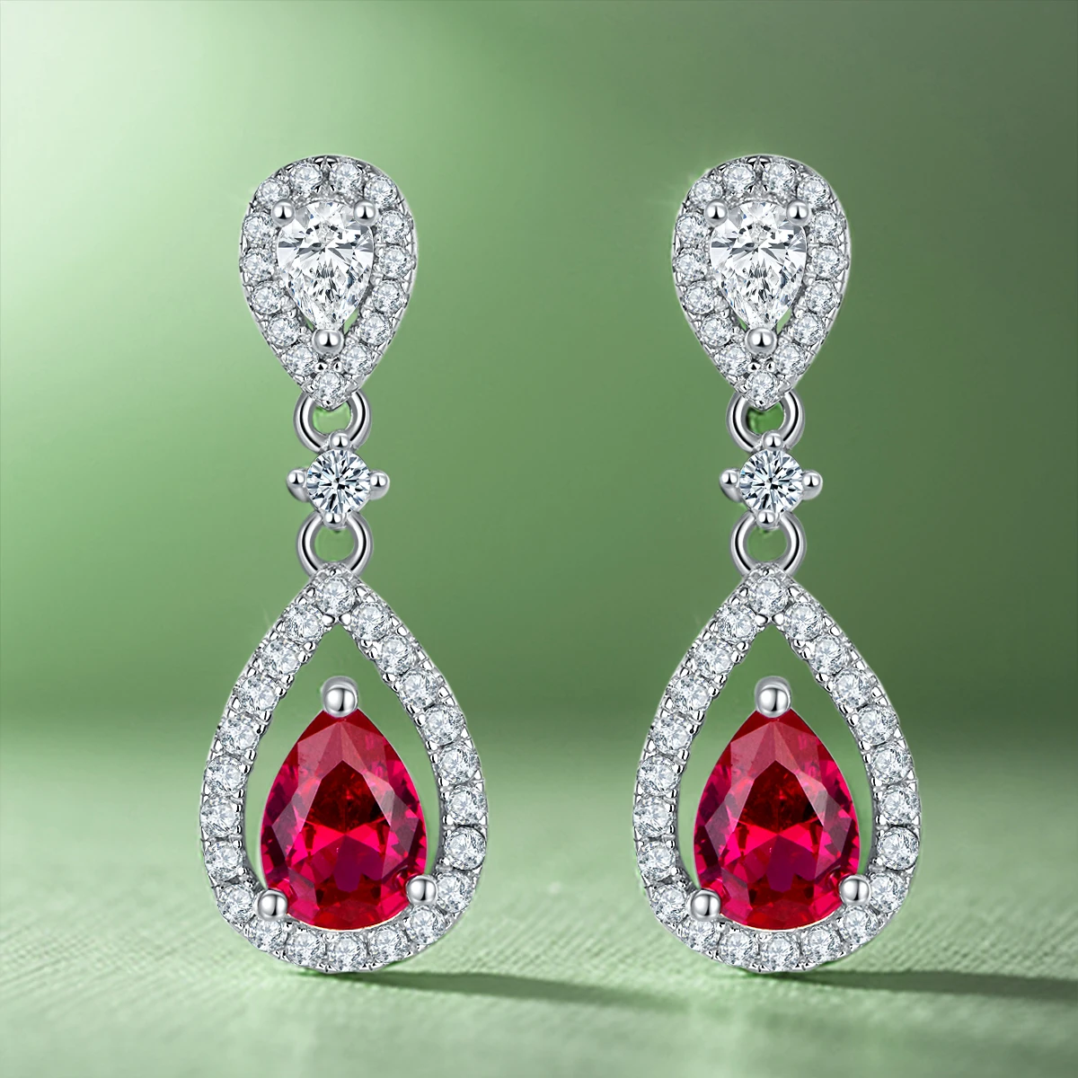 

0.8CT S925 Sterling Silver Pear Shaped Red Lab Grown Ruby Long Fashion Jewelry With White Zircon Ladies Wedding Gift