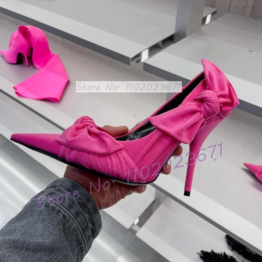 Zapatos de tacón alto con punta puntiaguda y nudo de cuchillo para mujer, tacones de aguja elegantes a la moda, rosa roja, zapatos de fiesta para mujer, bombas plisadas elegantes informales