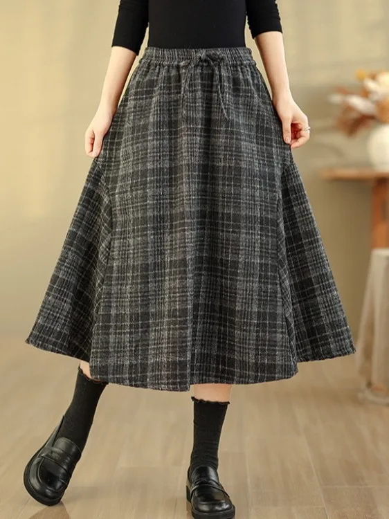 

Retro Artistic Plaid Woolen f Skirt plus Size Women's Elastic Waist Dstring Fi Tail Slimming Midi Skirt