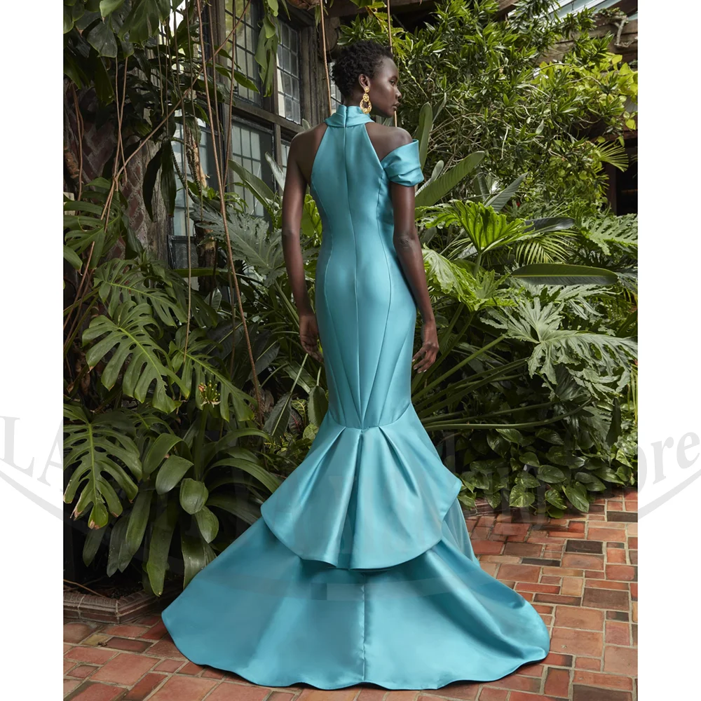 Elegante halter vestidos de noite azul cetim sem mangas sereia vestidos de festa chique moda plissado até o chão vestidos de baile femininos