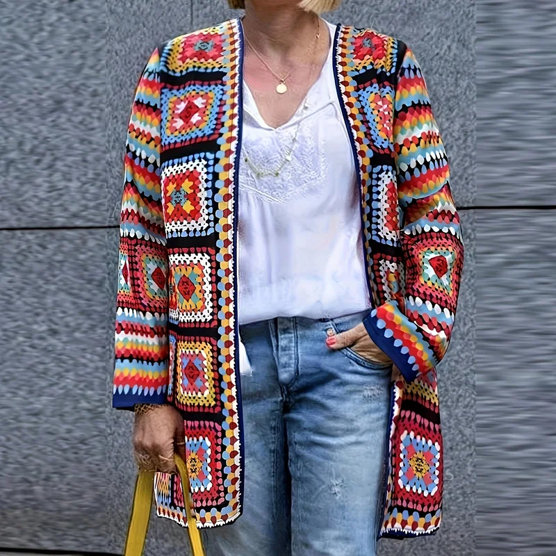 Ethnic Retro Colored Geometry Print Crochet Cardigan Women Autumn V-neck Trench Top Jacket New Winter Long Sleeve Coat Outerwear