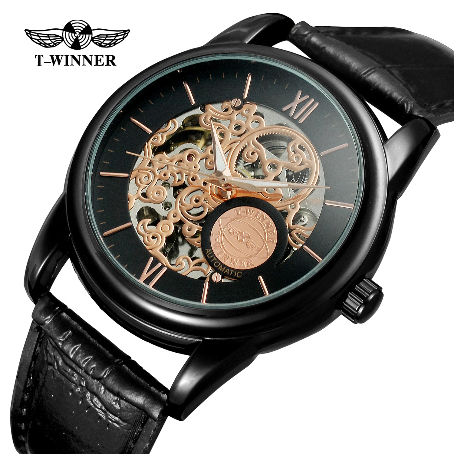 High Quality Winner Watch Official Mechanical Automatic Watches for men Leather Strap Vintage Bronze Wristwatch reloj hombre