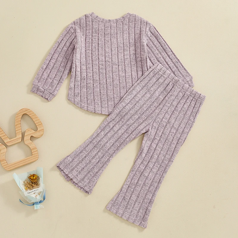 Autumn Kids Girl Fall Knit Outfit Solid Color Ribbed Long Sleeve Tops Flare Pants Clothes Set