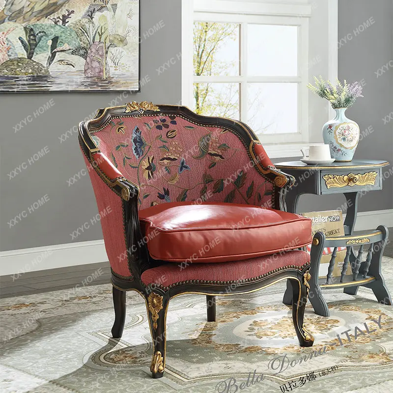 

French European and American Style Solid Wood Acajou Red Heavy Oil Wax Leather Living Room Leisure Chair Armchair Elaborate