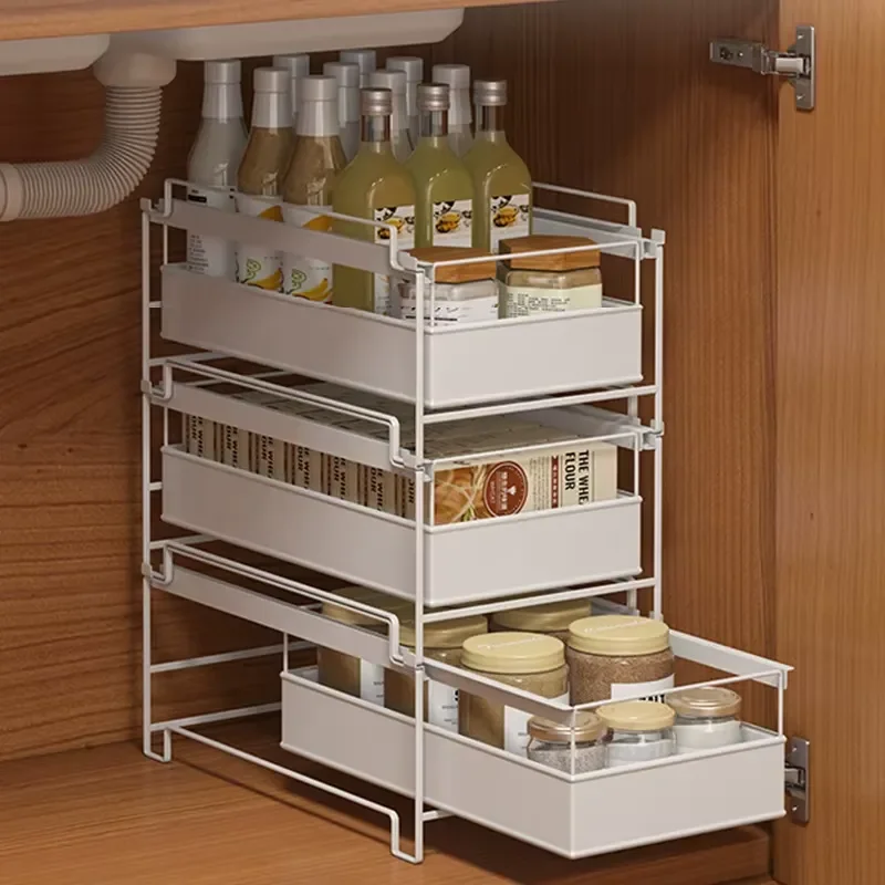 Pull Out Spice Rack Drawer Organizer Under Cabinet Kitchen Sink Shelf Storage Basket for Utensils Fruit Vegetables