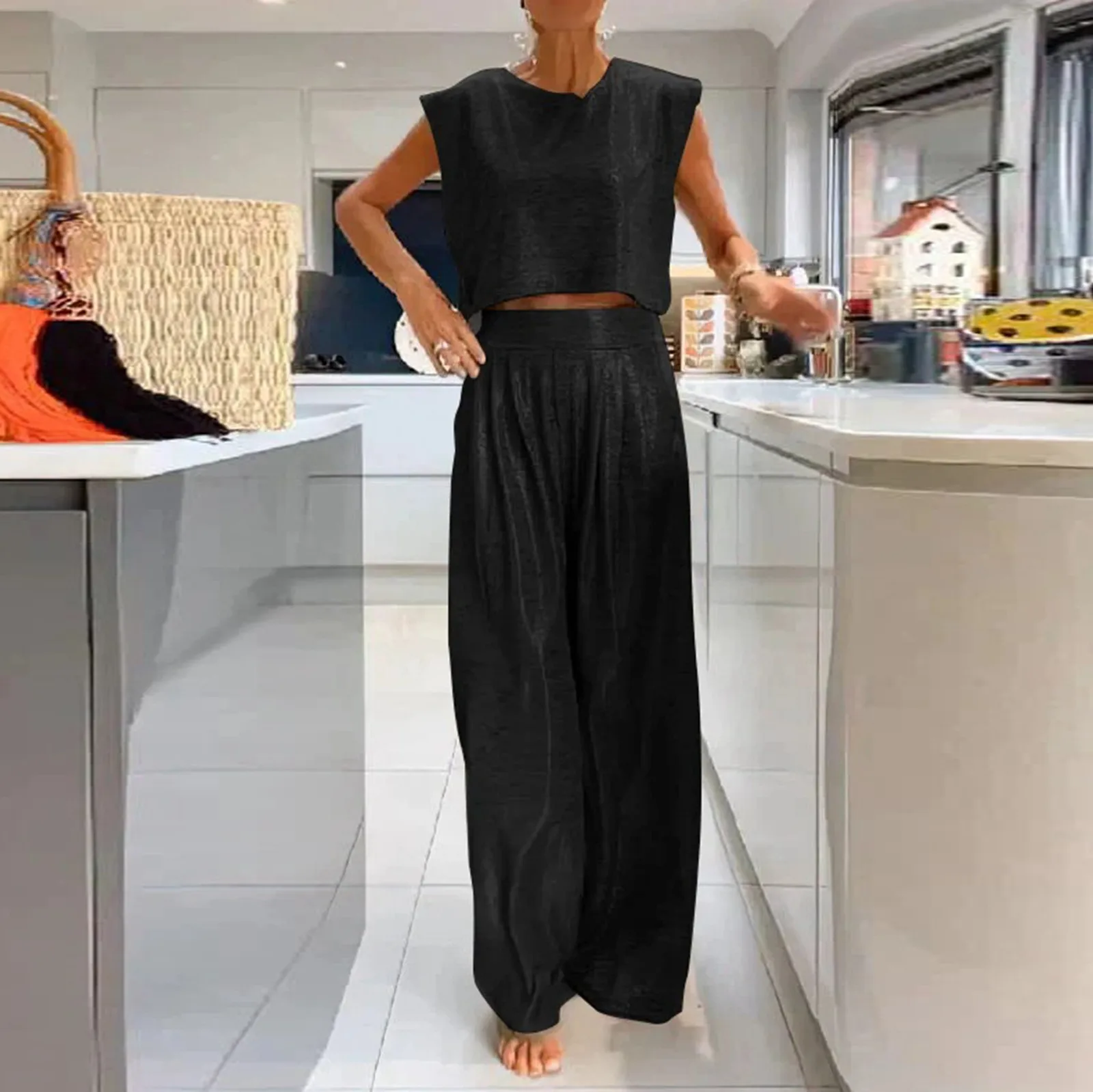 Women Fashion High Waist Loose Straight Trousers Summer Pocket Wide Leg Pant Harajuku Spring Vintage Metallic Color Casual Pants