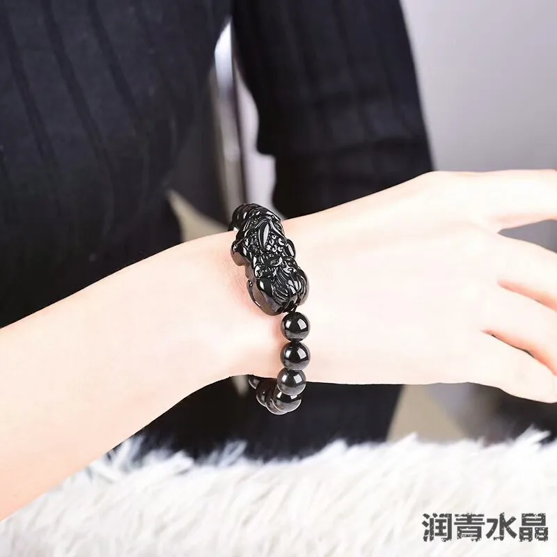 Natural Obsidian Three Coin Pixiu Bracelet With Double Color Eye Round Beads Men And Women view 3