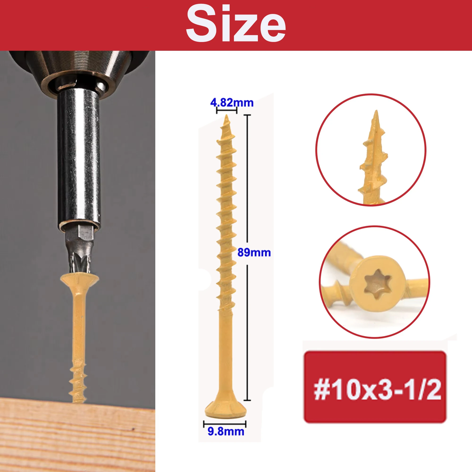Weiyi 50/100 Stück Sechskant-Torx-Deckschrauben # 8 # 10 flache, rostbeständige, epoxidbeschichtete, selbstschneidende Holzbolzen in Bronze und Schwarz – Detail 12