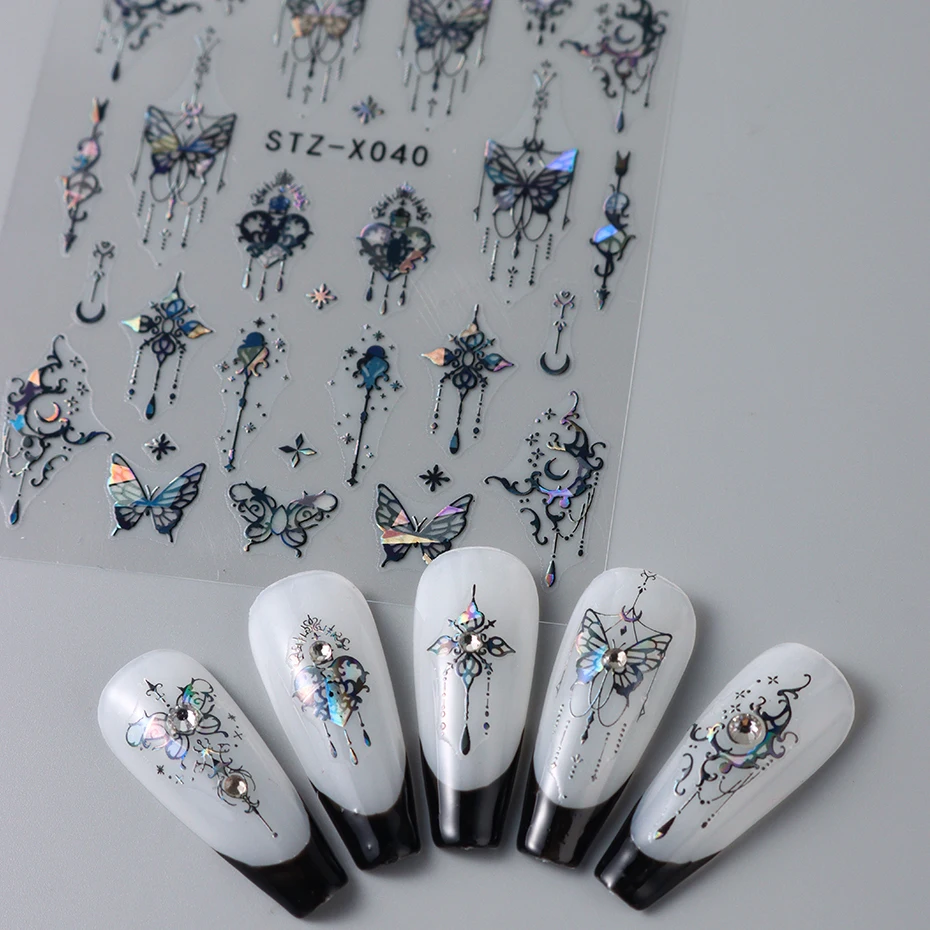 Black White Butterfly Laser Nail Stickers Y2K Nail Art Decoration Abstract Metal Lines Bronzing Lace Flowers Stickers For Nails image 6