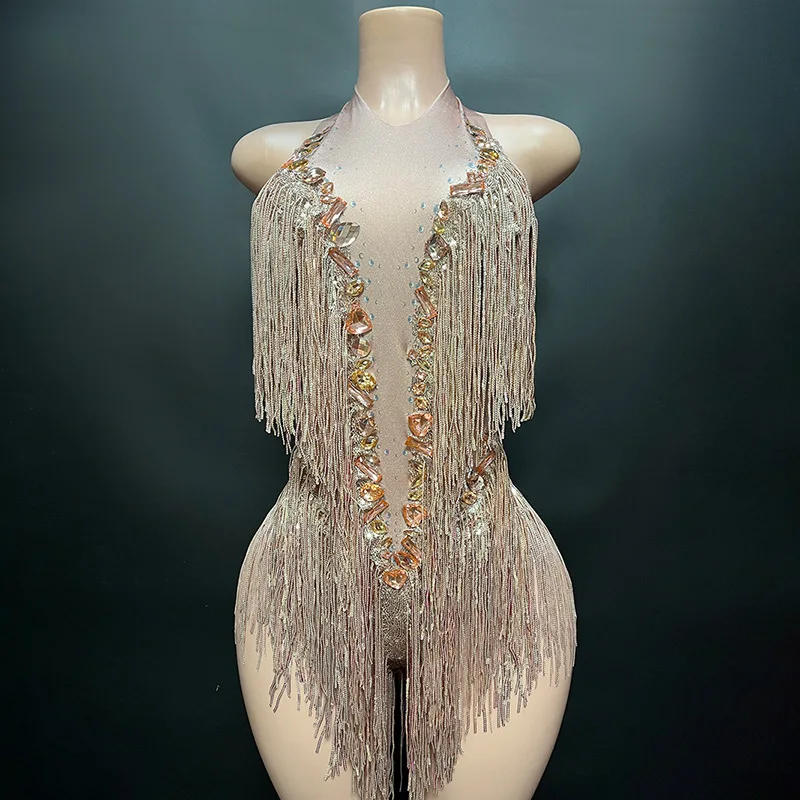 

New Champagne Sexy Sparkling Diamond Tassel Round Neck Short Elegant Luxury Jumpsuit