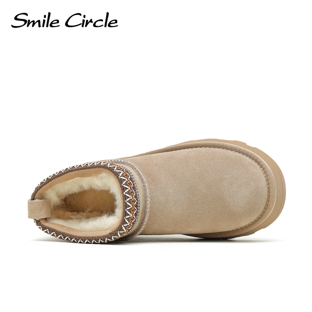 Smile Circle Tasman Mini Snow Boots Women Cow Suede Leather Warm Natural Wool Round Toe Winter Ankle Boots