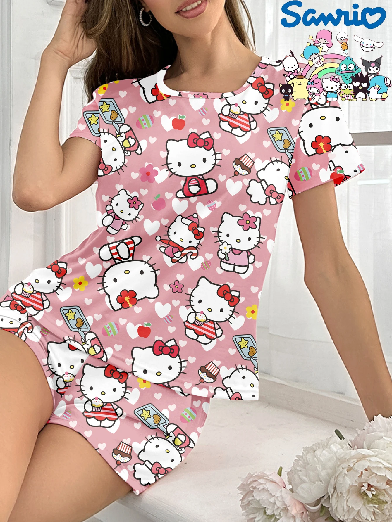 

Sanrio Hello Kitty Short Sleeve Shorts Milk Silk Casual Pajamas Homewear Set