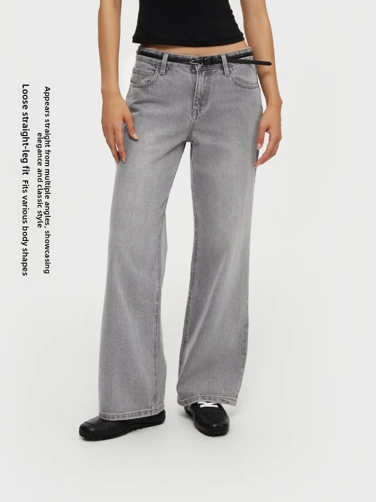 

Oneup American Retro Grey Washed Cotton Jeans Women's Spring Small Size Straight Casual Pants Comfortable Loose Fit Summer