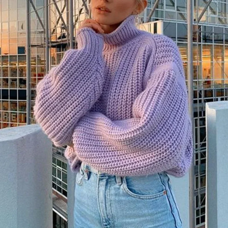 Women's Sweaters Purple Turtleneck Sweaters Women Casual Loose Jumper Long Sleeve Knitted Tops Pullover Autumn Winter Oversized