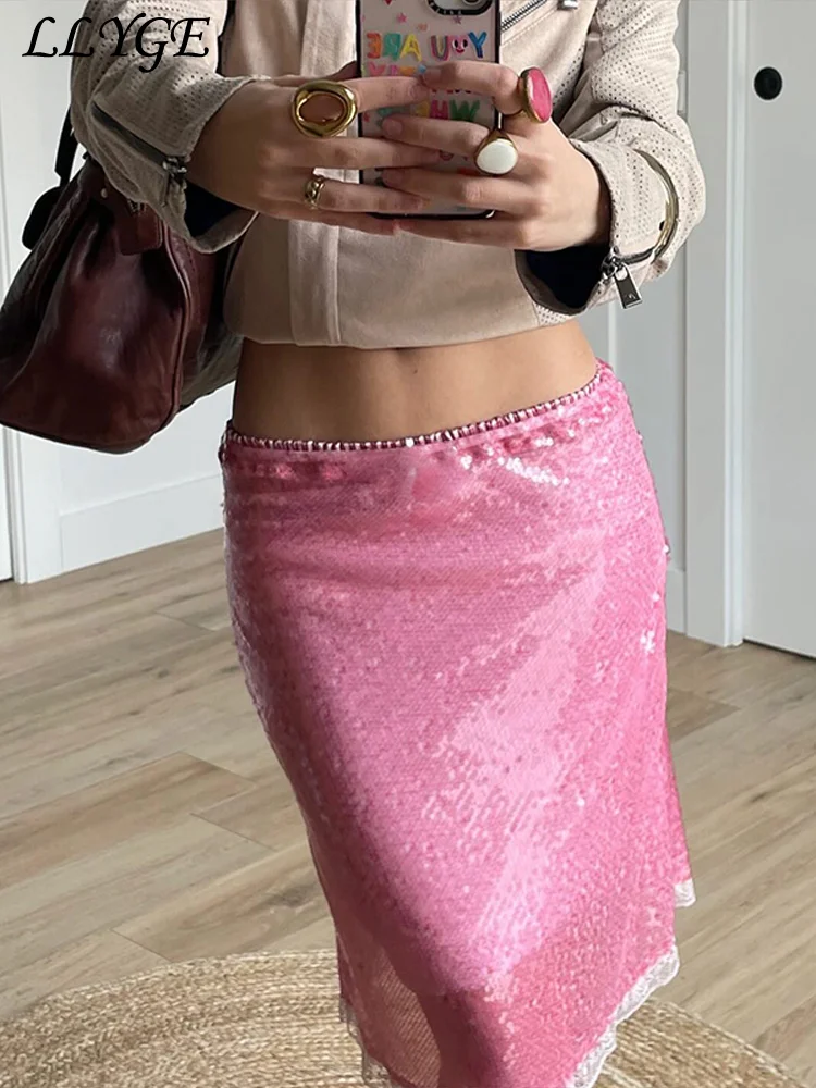 

Sexy Women's Sequined Pink Skirts Y2k See Through Hip Package High Waist Skirts 2025 Summer Lady Street Shiny Party Clothes