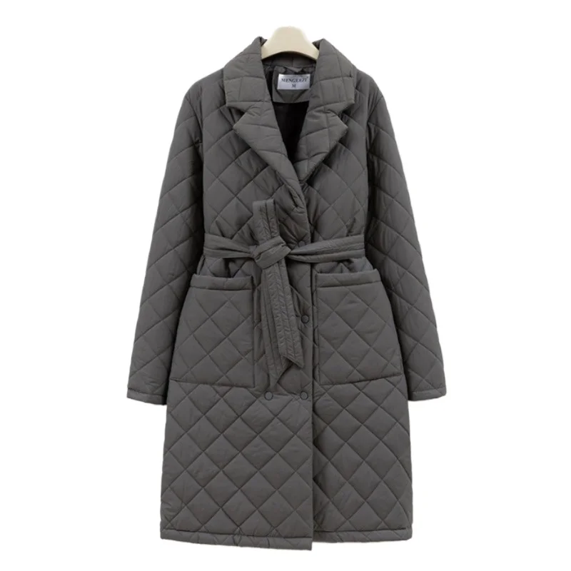 

New Fashion Slim Lightweight Winter Cotton-Padded Coat Long-Sleeved Suit Diamond-Quilted Mid-Length Cotton-Padded Jacket Women