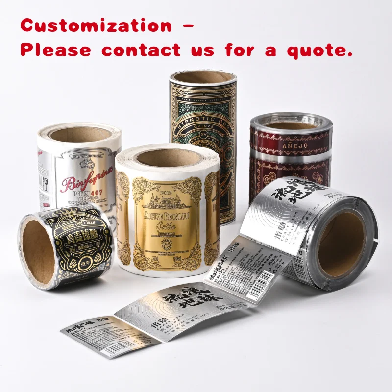 

custom.Custom High-end Metal Aluminum Material Red Wine Alcohol Perfume Packing Embossing Colorful Roll Stickers Factory