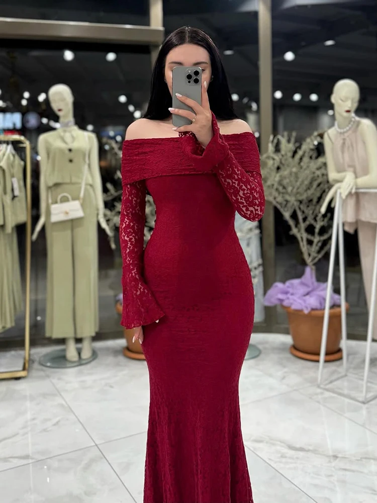 Elegant Temperament High Waisted Evening Gown Lace Slim Fit Wrap Hip Autumn Dress Flared Sleeves Solid Color Women's Robe Dress