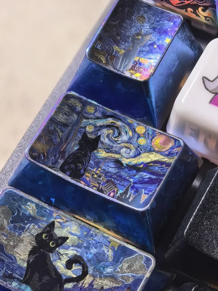 Starlit Night Cat Titanium Keycap Custom Titanium Ice Crystals Metal Key Caps ESC/Caps/Tab/Shift/Ctrl/Alt 1U/1.25U ArtisanKeycap