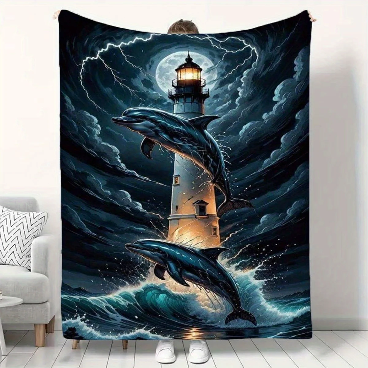 Dolphin and Lighthouse Print Polyester Flannel Blanket - Soft, Warm, Lightweight, Suitable for Sofa, Bed, Travel, Camping