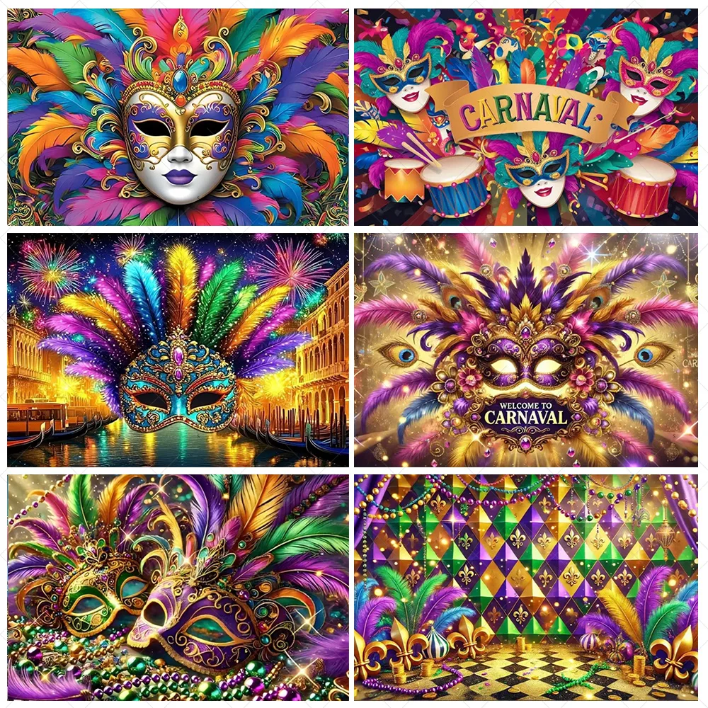 

Carnival Colorful Mask Background Banner Venetian Mardi Gras Party Decoration Masquerade Backdrop Supplies Photo Shoot Props