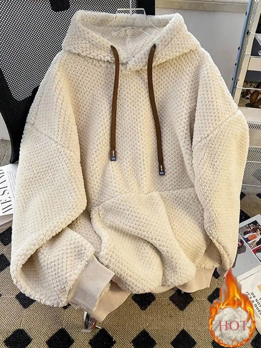 

Oversized Fleece Hooded Sweatshirt with Drawstring, Solid Color, Winter Warm