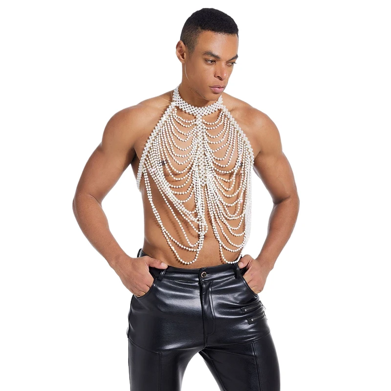 Unisex Halter Y2K Crop Top Perlen-Mehrschichtige Körperkette Sexy Kleidung für Männer Halskette Halloween Party Festival Vintage Übergroß – Detail 2