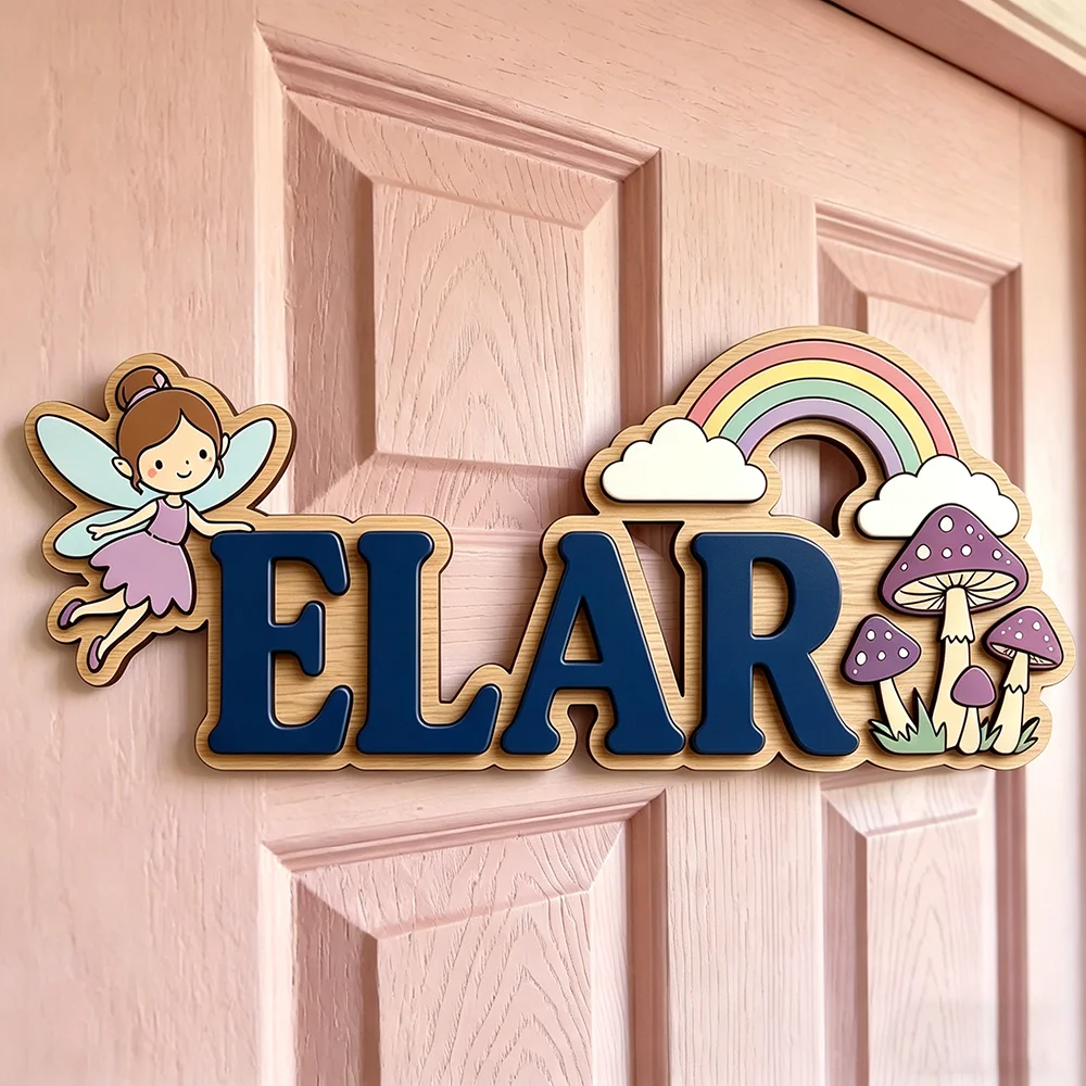 Custom Fairy & Rainbow Kids Name Sign for The Dearest Baby, Cute Mushroom Wooden Nursery Door Plaque