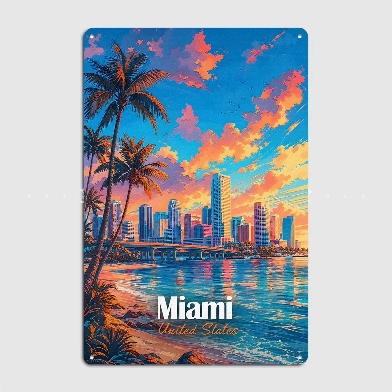 Miami Sunset Cityscape Travel Poster Metal Sign Life Wall Custom Bedroom Indoor Home Wall Decor Posters Room Decoration