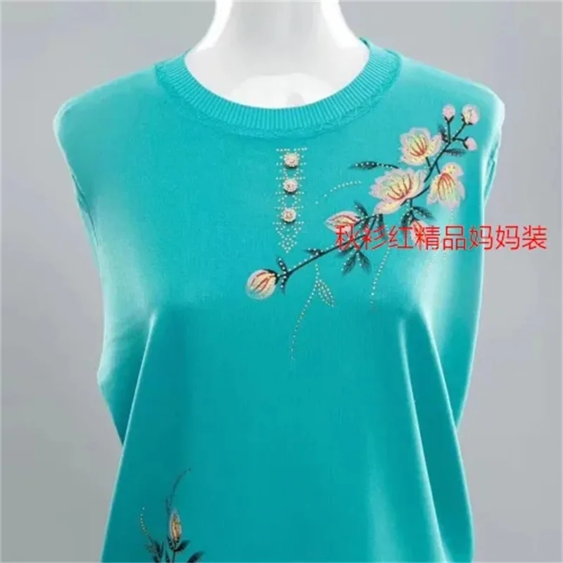 Mother Spring Summer Seven Points Sleeve Small Shirt Middle-aged Grandma Packed Ice Silk Knitted Loose Leggings Sweater Pullover