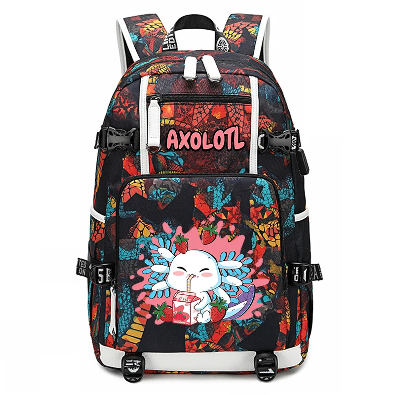 Cute Axolotl printed student schoolbag youth backpack large capacity travel bag kids back to school gift