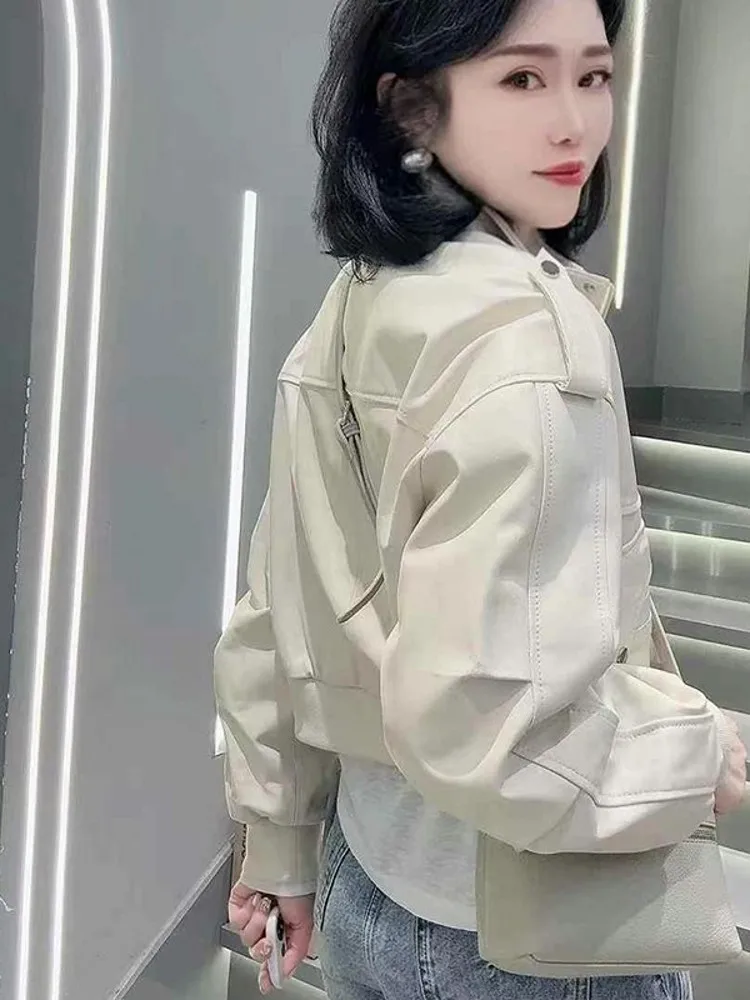 Kurtka motocyklowa damska ze skóry naturalnej owczej na wiosnę i jesień, krótka, ze stójką, skórzana kurtka casual streetwear