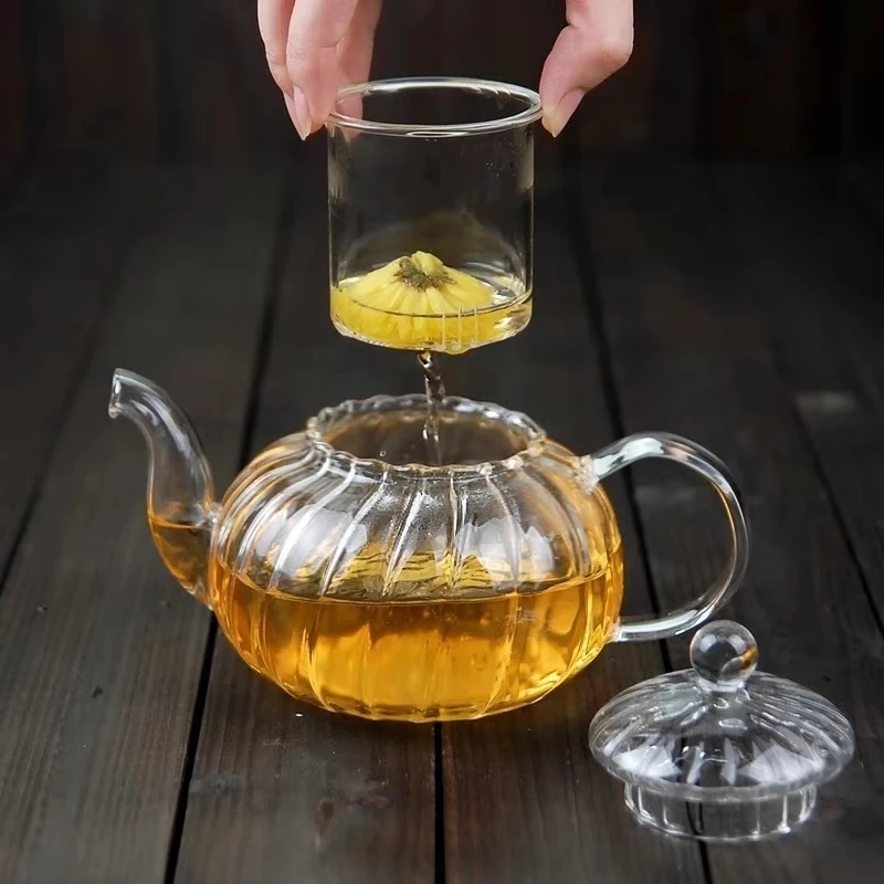 600ml Striped pumpkin shape flower teapot,Heat Resistant Glass Pot,Flower TeaCup Glass Teapot with Infuser Tea Leaf Herbal