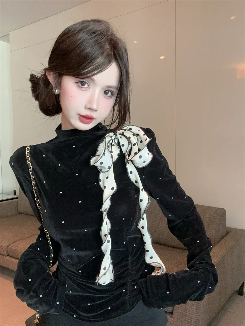 

Slimming Velvet T-Shirt Women's Fashion Design Polka Dot Bow Tie Top Korean Style Commute Half High Collar Big Size Inner Wear