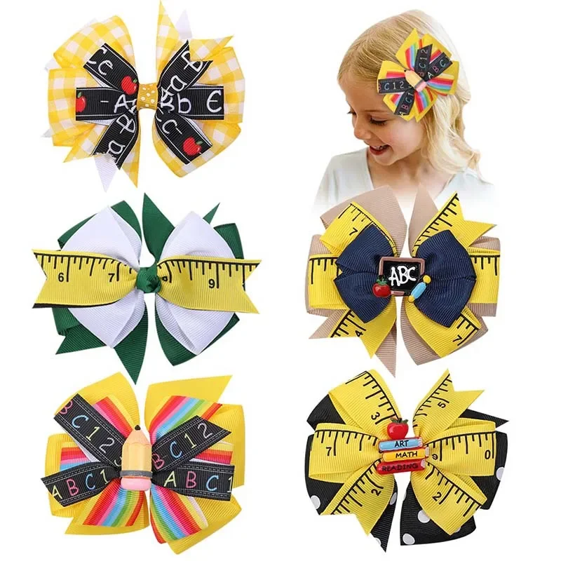 

4.5'' Back To School Hair Bow Clips For Baby Girls Cute Pencil Pen Hairpins Children Handmade Barrettes Fashion Kids Headwear