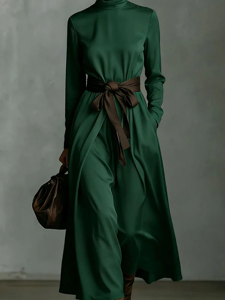 Vestidos Plissados com Amarração na Primavera, Vestido de Noite Elegante com Gola Alta e Manga Longa, Vestido Maxi em Cetim com Cores Contrastantes