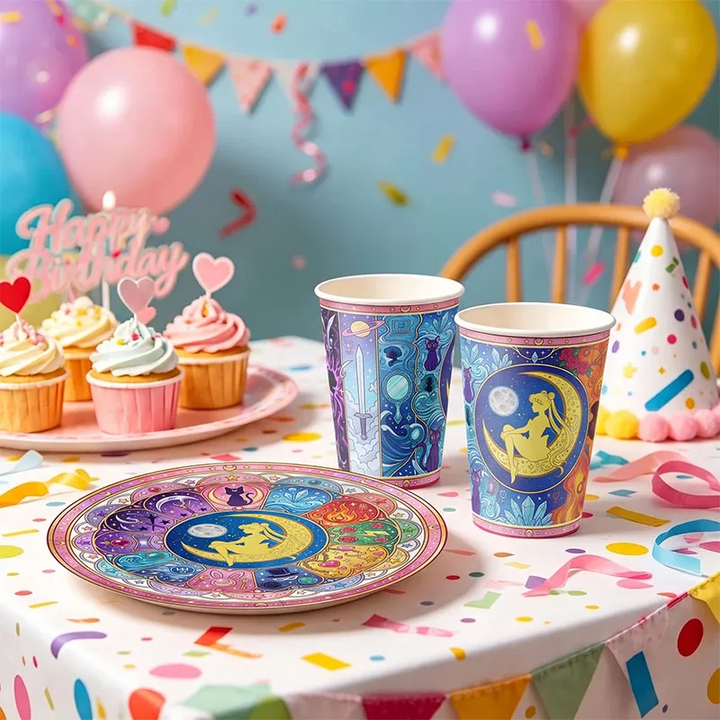 Sailor Moon Themenparty-Dekorationen: Einweggeschirr, Tassen, Teller, Flaggen, Strohhalme, Banner, Kuchen, Geburtstag, Feiertagsparty-Zubehör – Detail 2