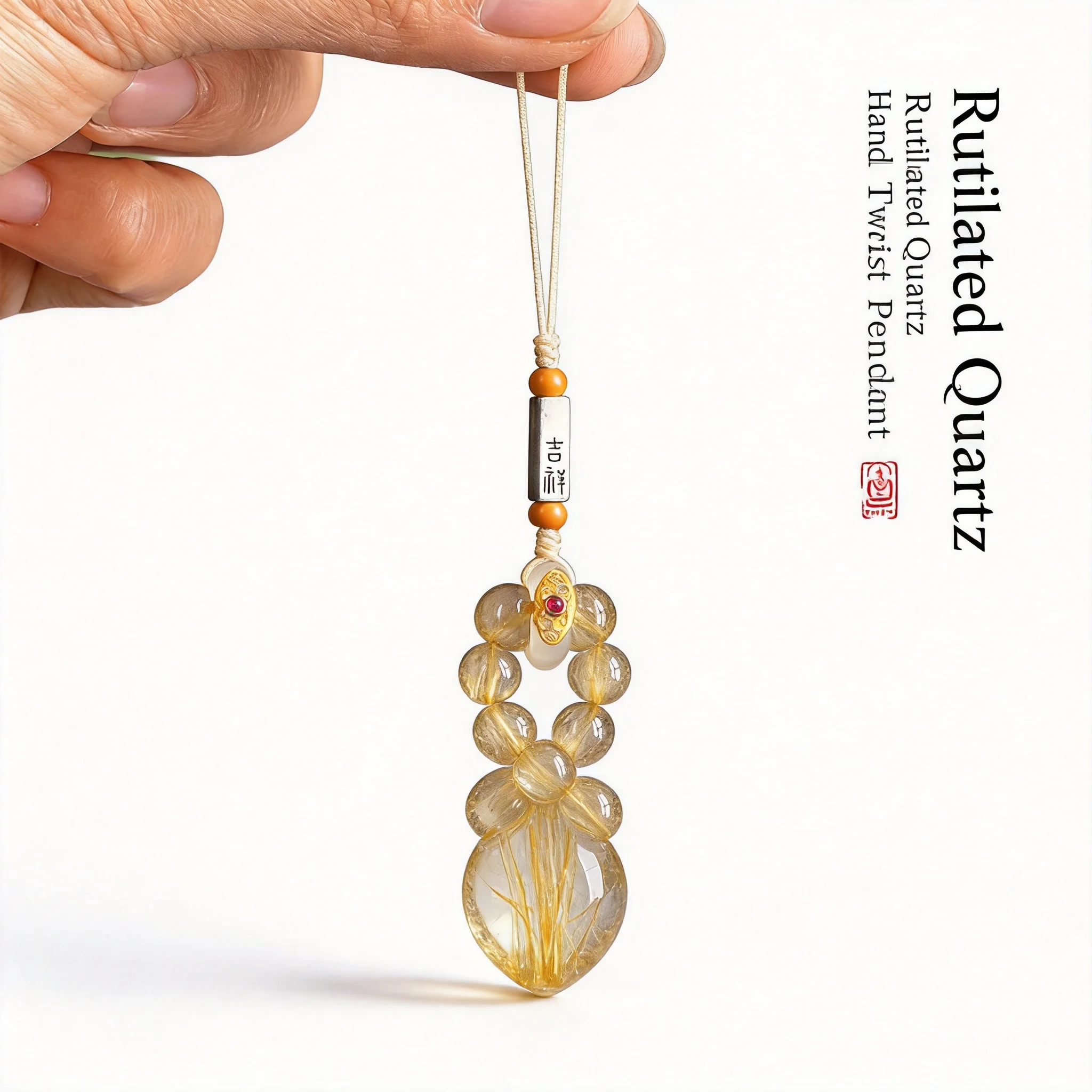 

Chinese Style Lucky Auspicious Natural Golden Rutilated Quartz Phone Lanyard Finger Ring Anti Lost Pendant For Bag U Disk Wealth