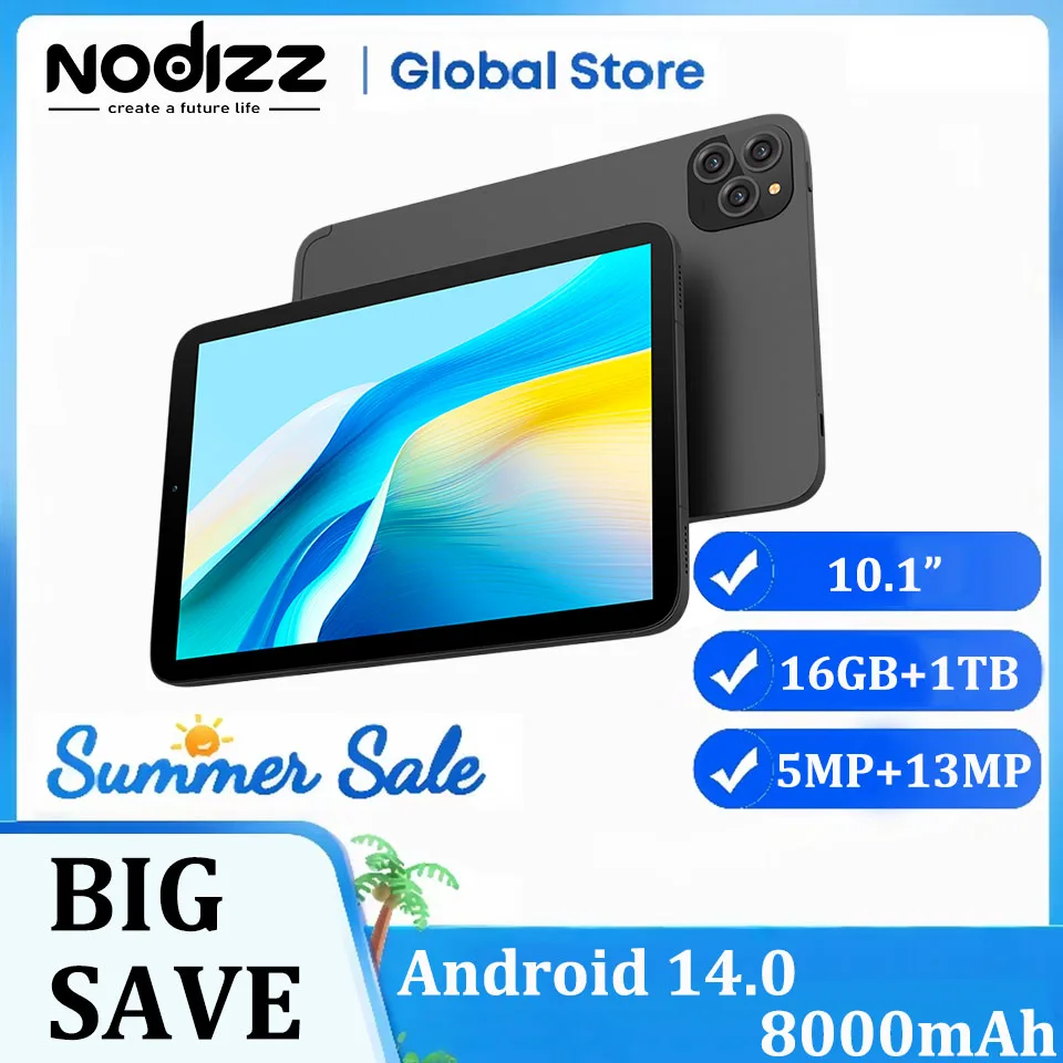 

Nodizz Npad16 Type-C 10,1-дюймовый планшетный ПК Android 14 8000 мАч, 16 ГБ ОЗУ + 1 ТБ ПЗУ T606, восьмиядерный процессор, Wi-Fi6, двойная камера, планшеты 5 МП + 13 МП