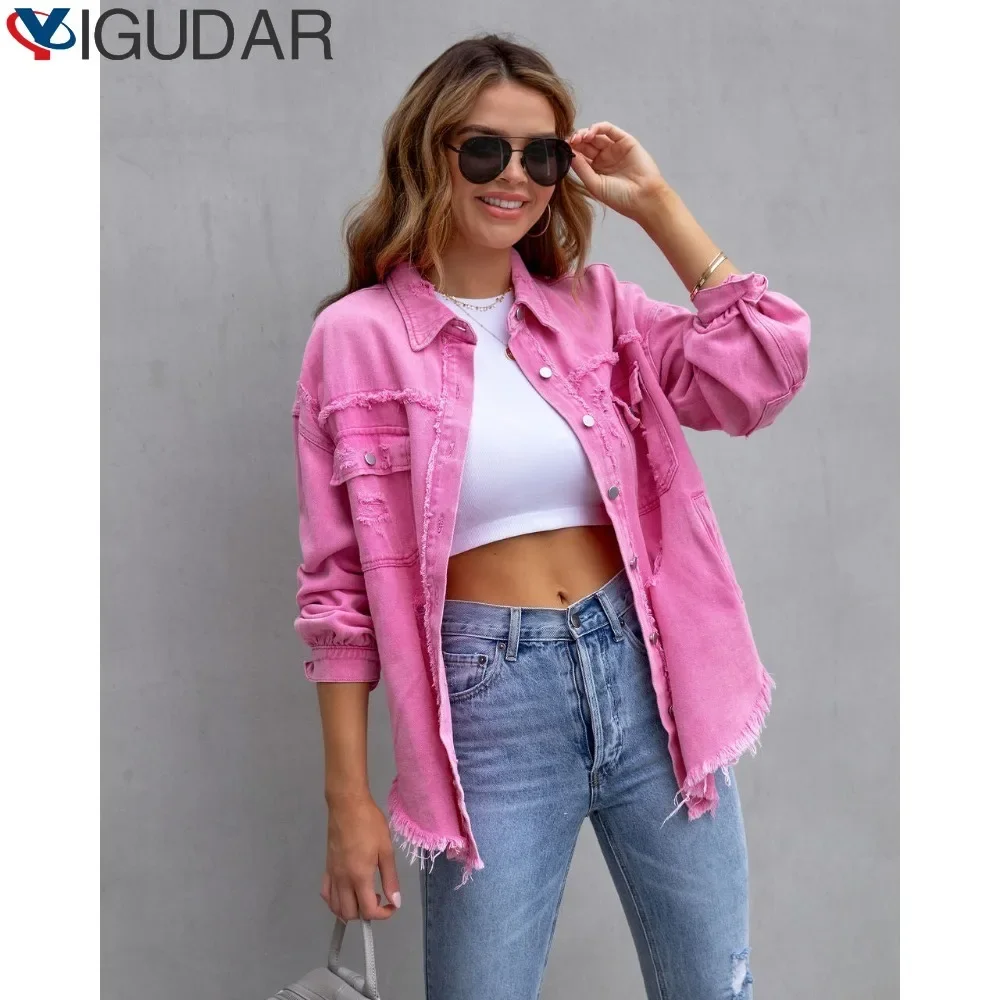 

Fashion New Hole Loose Casual Jacket Women Streetwear Oversized Solid Turn Down Collar Single Breasted Femme Outwear Lady Coat