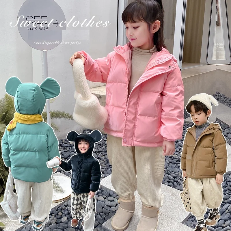 Boys Girls Winter Warmth Baby Plain Puffer Jackets Cartoon Shower Children White Duck Down Coats Kids Therme Outfits 2-11 Years