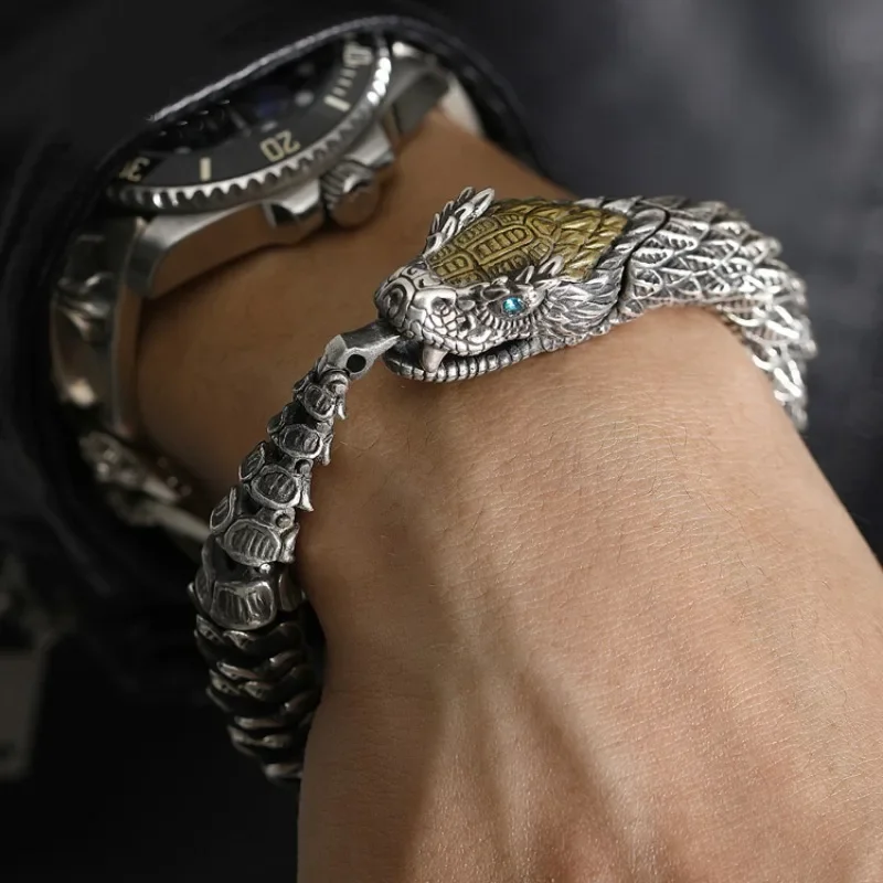 S925 Silver Viking Gothic Black Gun Dragon Men Bracelet Rock Style Golden Horn Men Party Jewelry Trend Bangle
