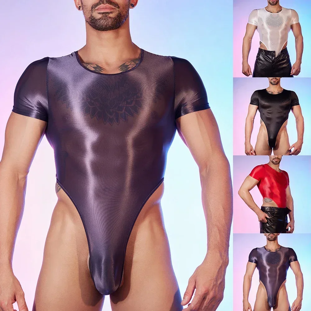 

Mens Glossy Skinny See Through Thong Leotard Short Sleeve High Elastic Bodysuit Swimwear Male Clubwear Underwear Tank Jumpsuit