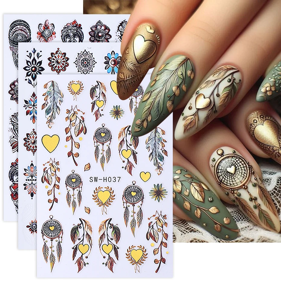 3 stücke Böhmischen Nagel Aufkleber 3D Bronzing Herz Dreamcatcher Retro Stickerei Blütenblätter Design Nagel Aufkleber DIY Maniküre Slider Dekor ﻿