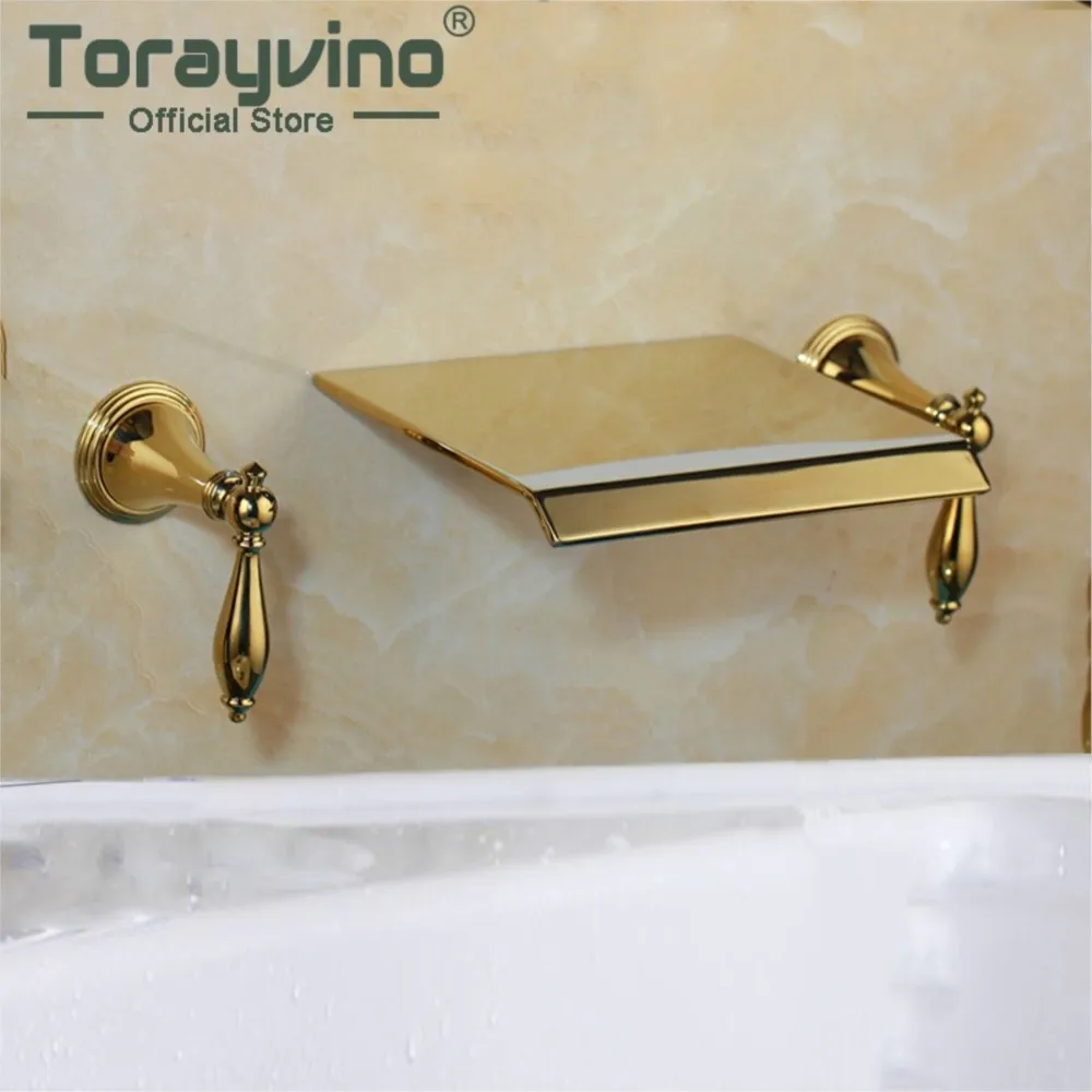 

Torayvino Gold Polished Bathroom Faucet Waterfall Spout Brass Wall Mounted 3 Pcs Bathtub Faucets Hot & Cold Sink Mixer Water Tap